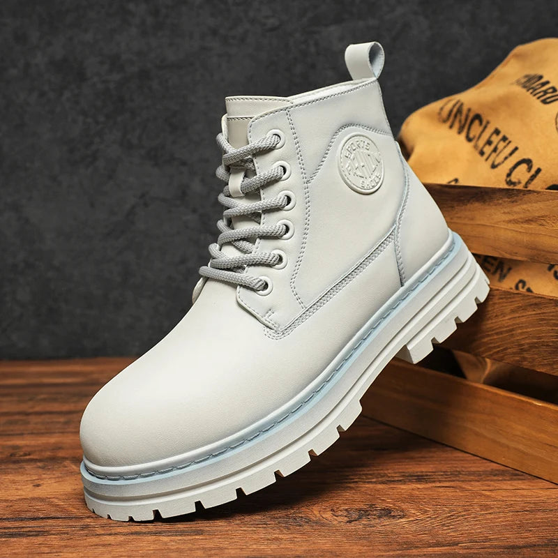High top boots for men, British style workwear motorcycle boots, summer black side zipper, mid rise soft leather boots for men