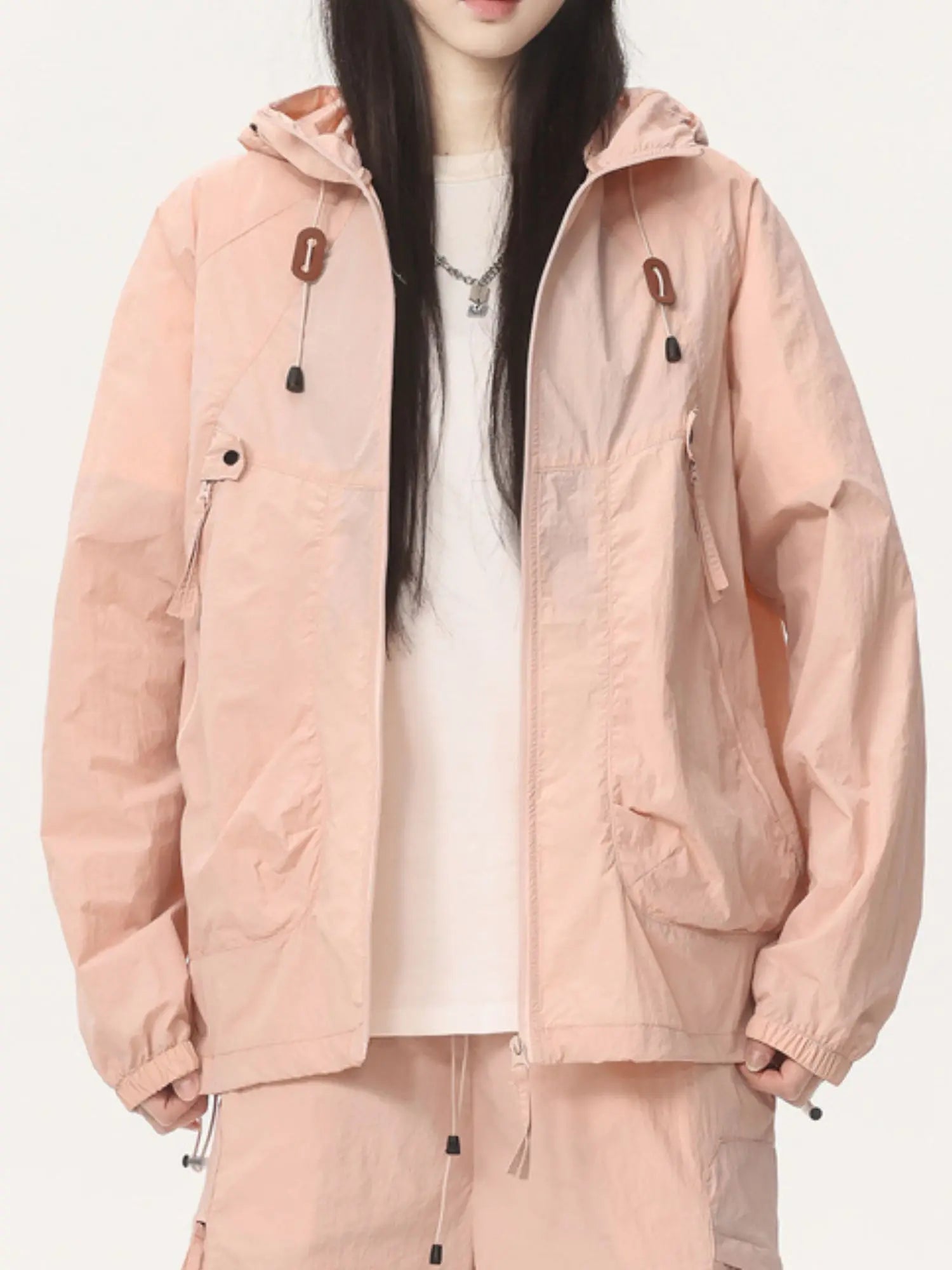 Women's Summer Lightweight Hooded Thin Big Pockets Jacket for Outdoor Biking Sun Protection Windbreaker Adjustable Drawstring
