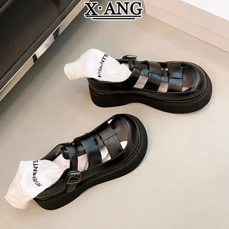 Summer Fashion Genuine Leather Thick-soled Mid-heeled Sandals Casual Comfortable Women's Shoes Hollow Pig Cage Women's Sandals