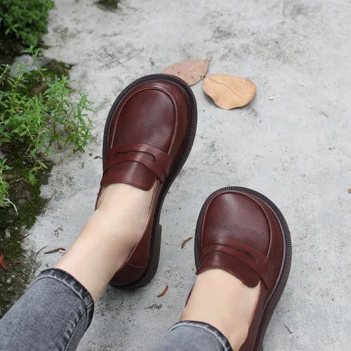 Large Head Genuine Leather Shoes Retro Large   Toe Cow Leather Women's Shoes Lefu Shoes