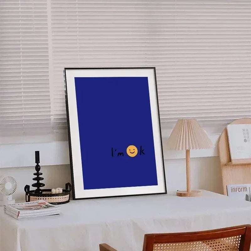 Klein Blue Abstract Line Smiling Face Posters Minimalist Print Canvas Painting Wall Art for Living Room Modern Home Decor
