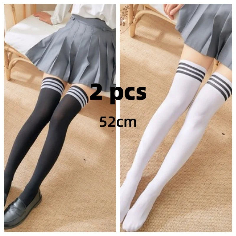 Solid Color Lolita Long Stockings JK Women Girls Cute Black White Tights Over Knee Thigh High Socks Cosplay Sexy Nylon Stockings