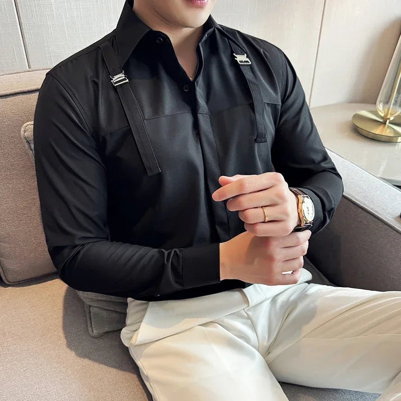 Gentleman Strap Decoration Shirt Men Long Sleeved Casual Business Dress Shirts Social Party Tuxedo Blouse Men Clothing