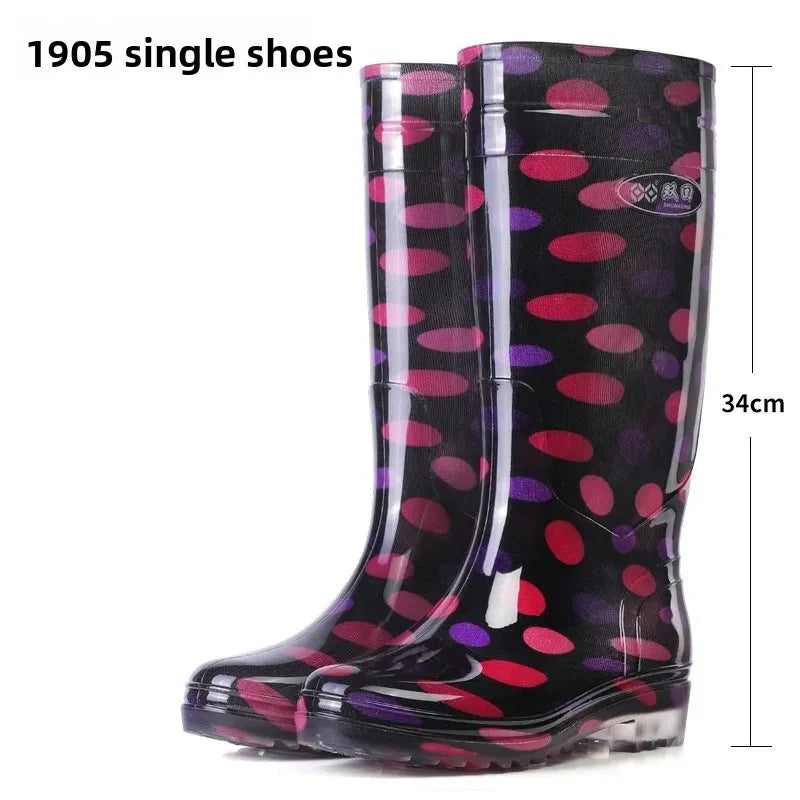 Anti-Slip High-Tube Crystal Flower Ladies Rain Boots PVC Material Kitchen Dining Hall Cleaning Fashionable Water Shoes