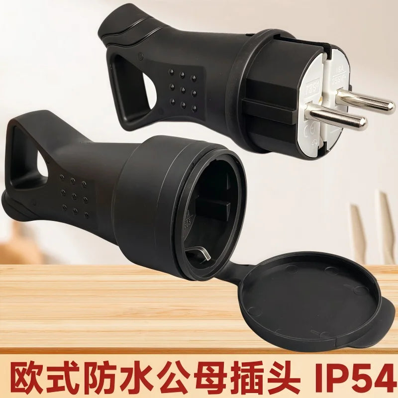 EU Rubber Waterproof Socket Plug Electrial Grounded European Connector With Cover IP54 For DIY Power Cable Cord 16A 250V