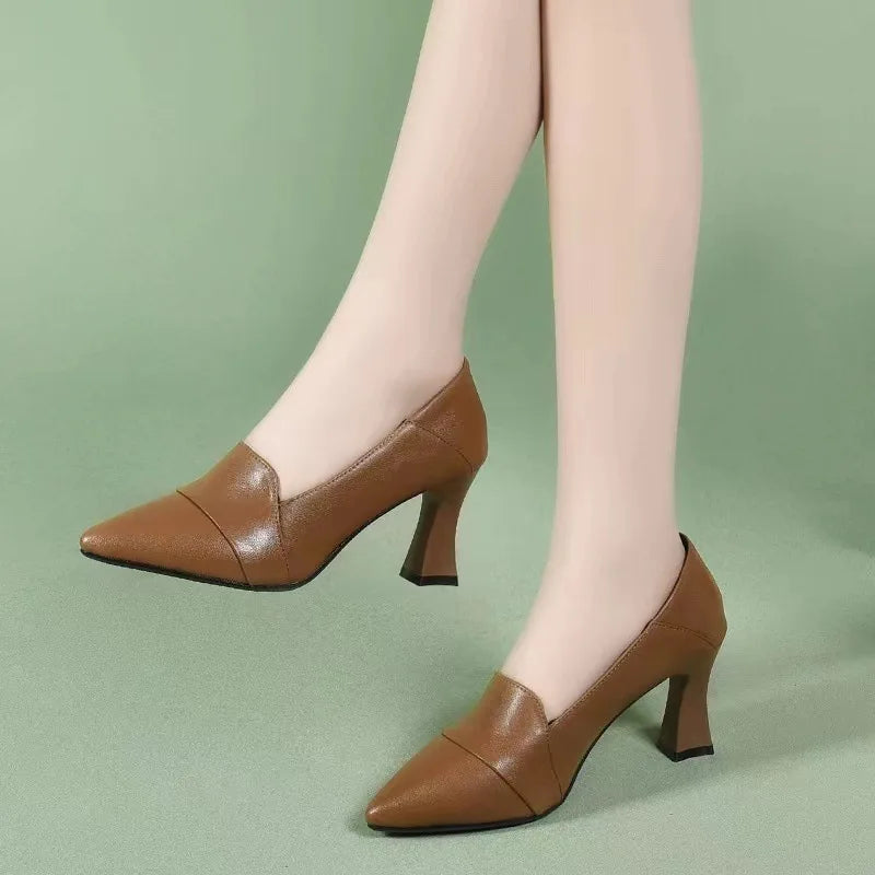 New Women Pumps Pu Leather Work Shoes Soft Chumly High Heels Women Pointed Toe Pumps Casual Slip on Solid Heels Women Shoes