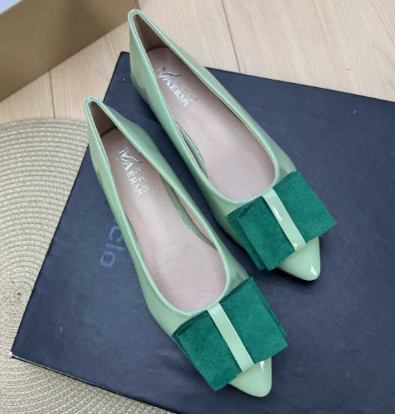 Women Shiny Leather Pointy Tip Slip-On Orange Green Flat Shoes Leathers Low Top Chaussures Bow 34 48 Skinny Shoes For Slim Feet