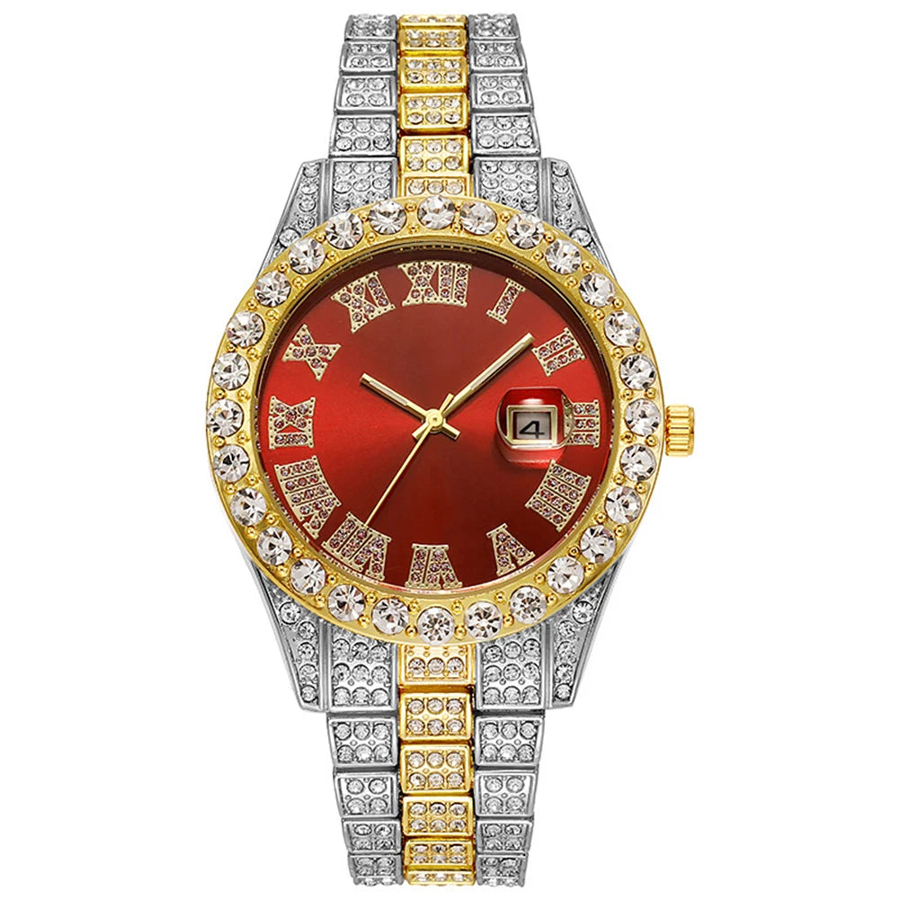 Hip Hop Luxury Men Calendar Watch Stainless Steel Gold Color Iced Out Paved Rhinestones Wristwatch Reloj Hombre