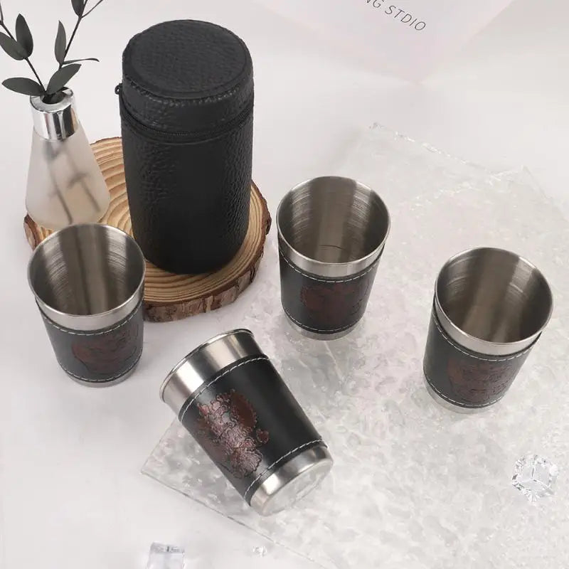 4Pcs/Set Portable Coffee Wine Beer Whisky Cup Camping Tableware Outdoor Travel Cups Stainless Steel Cup With PU Leather