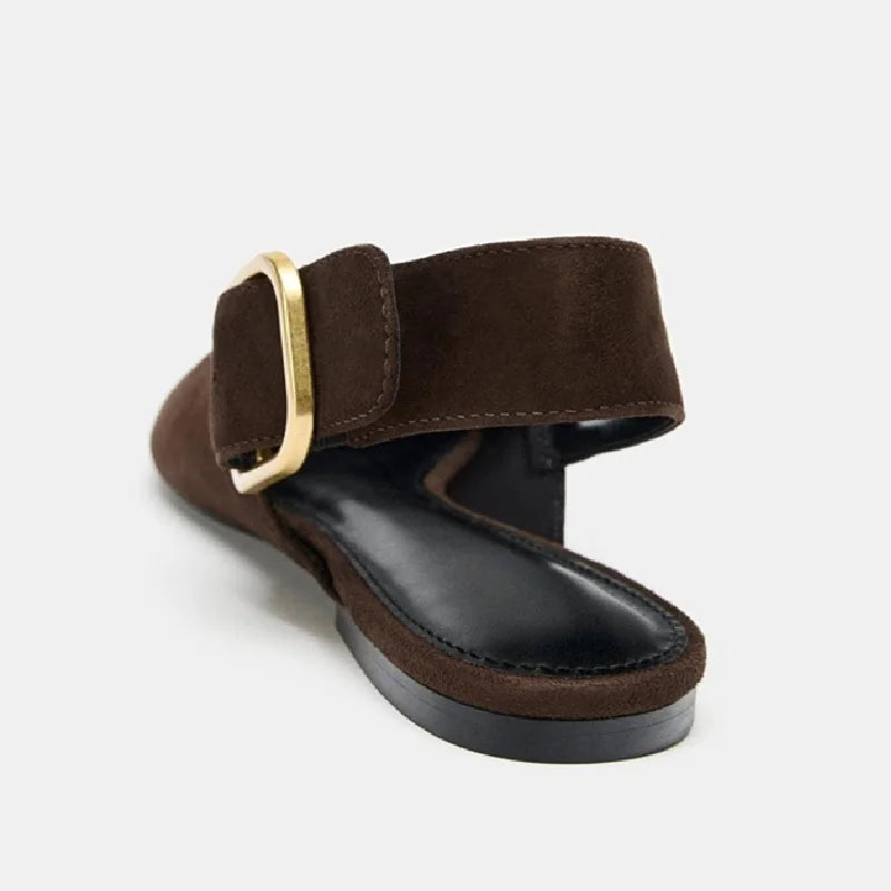Fashion Back Strap Metal Buckle Flat Pumps Women Retro Brown Faux Suede Pointed Toe Slingback Loafers Comfortable Women Shoes