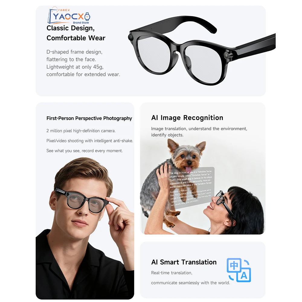 AI Smart Glasses 2026 with 200W HD Camera, 1080P Translation, AI Voice Assistant, Music Playback & LED Flashlight for Men and Women - Free Item Weekend (50% off).