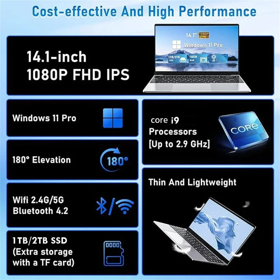 2026 New 14.1" Ultra Slim Laptop 16GB RAM 1/2TB SSD Windows 11 Pro Core i9-10980HK Notebook HD Games Office Study Computer