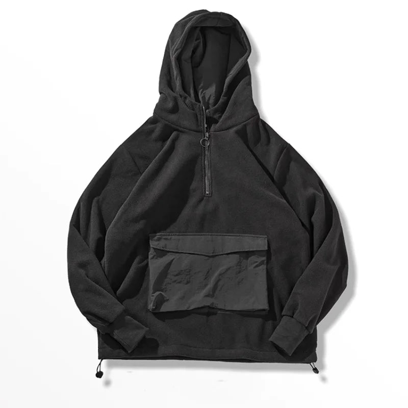 Men's Retro Half-Zip Reversible Fleece Sweater with Hoodie for Autumn/Winter