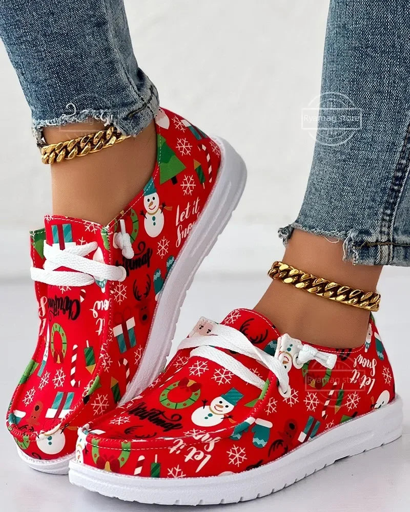 Loafers Women's Christmas Snowman Elk Graphic Print Lace-up Round T Women's Vulcanize Shoes Canvas Women Flat Shoes Zapatos - Free Item Weekend (50% off).