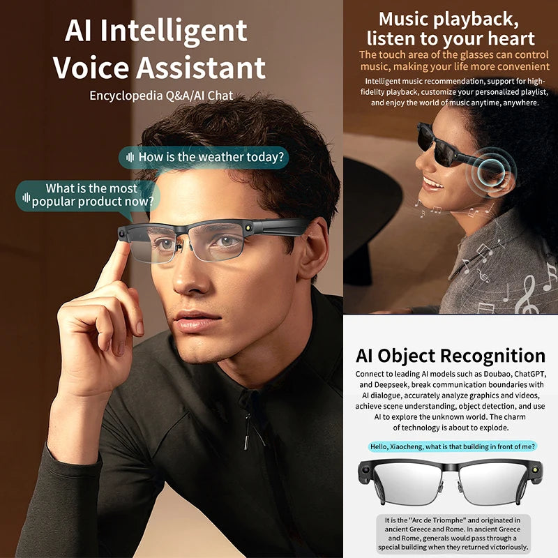 Al Smart Photo Glasses 800W Camera 1200P anti-shake HD Video Recording Translation Voice Assistant Music BT Call Smart Glasses