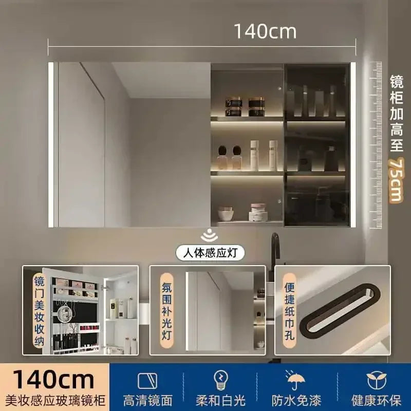 Smart Bathroom Cabinets Makeup Mirror Storage Cabinet LED Light Wall Mirror Cabinet with Time Digital Display Bathroom Furniture