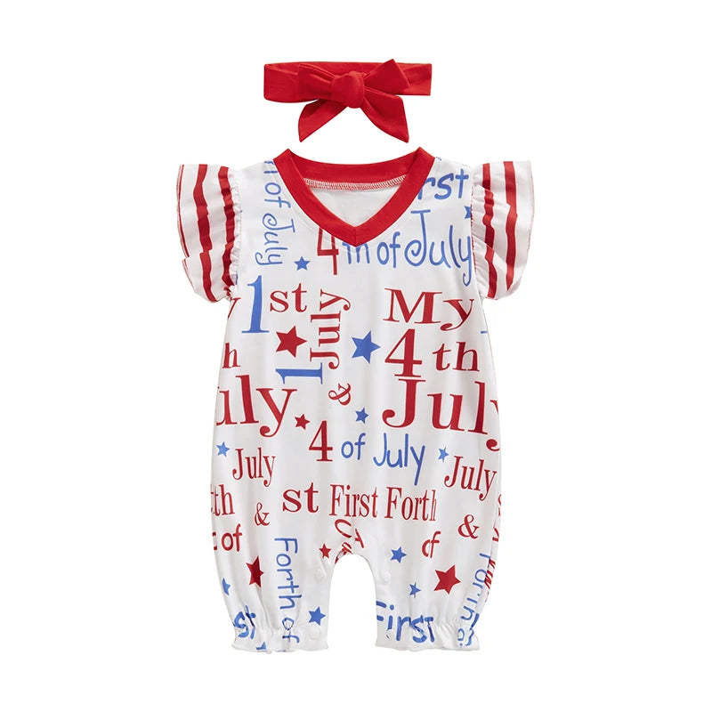Toddler Boy 4th of July Outfit American Flag Print Romper and Hat Set Stylish Patriotic Clothing for Independence Day
