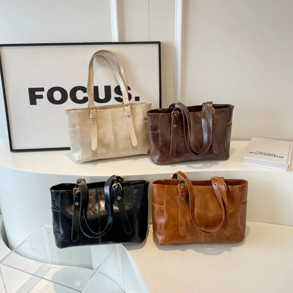 Fashion Retro Women PU Leather Shoulder Bags Trend High End Lady Tote Bag Large Capacity Female's Commuter Bag Handbag Purses