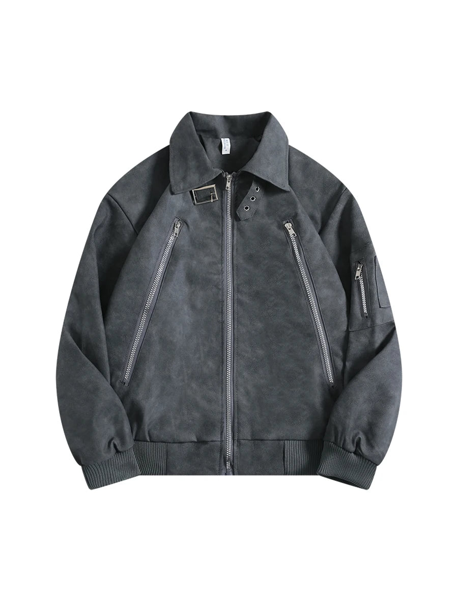 Boyue American Retro adient Leather Jaet Zipper Design Biker Jaet Cool Men's Jaet Loose Fit Long Sve Pure Color
