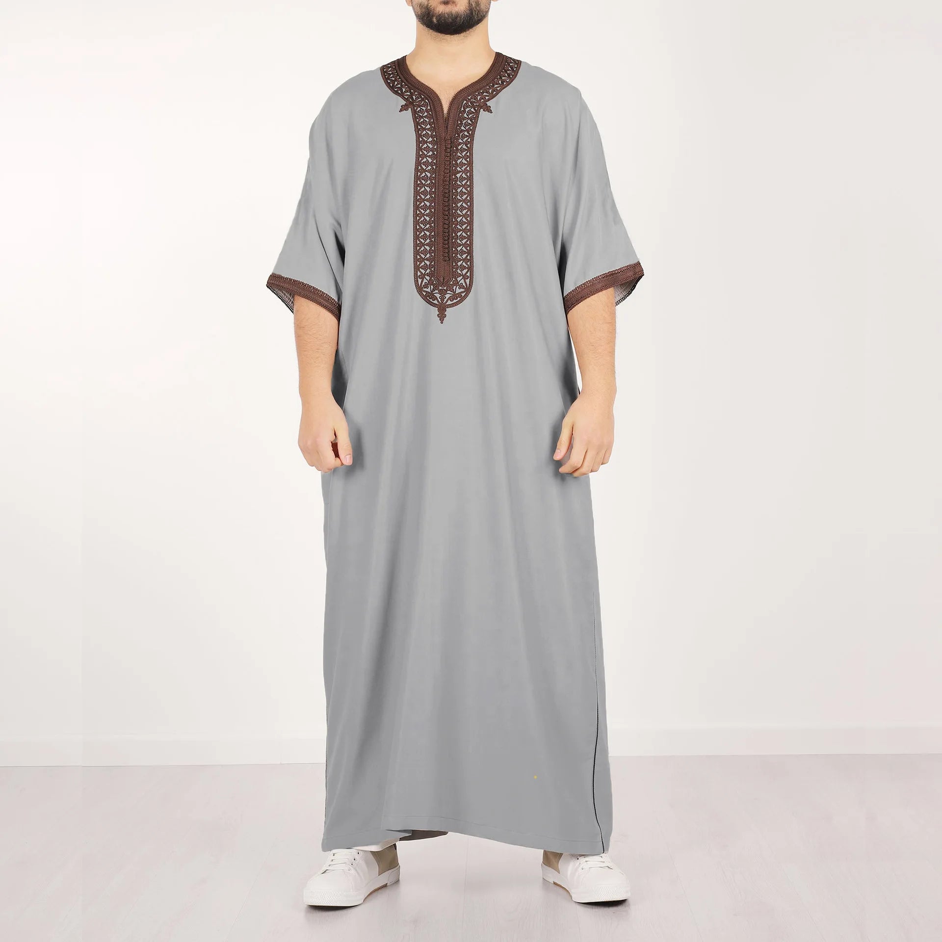 Arab Islamic Embroidered Kaftan Robe with Side Pockets Men Women