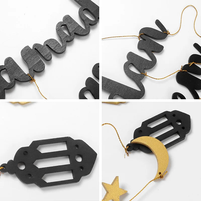 Ramadan Kareem Hanging Wooden Sign Islamic Holy Month Decor with Moon Star Lantern Pendants for Eid Wood Craft Home Decoration