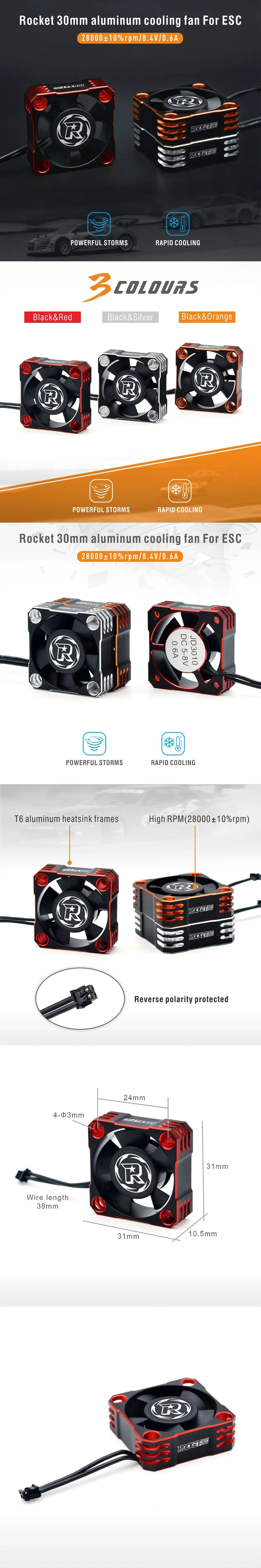 ROCKET-RC 25/30/35/40/50mm Metal Cooling Fan V2 32000/28000/21000/16000/10000RPM for 1/8 1/10 1/12 RC Car 540/550/3650 Motor ESC