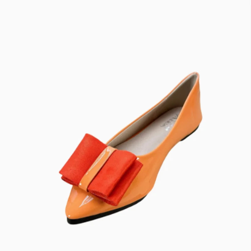 Women Shiny Leather Pointy Tip Slip-On Orange Green Flat Shoes Leathers Low Top Chaussures Bow 34 48 Skinny Shoes For Slim Feet
