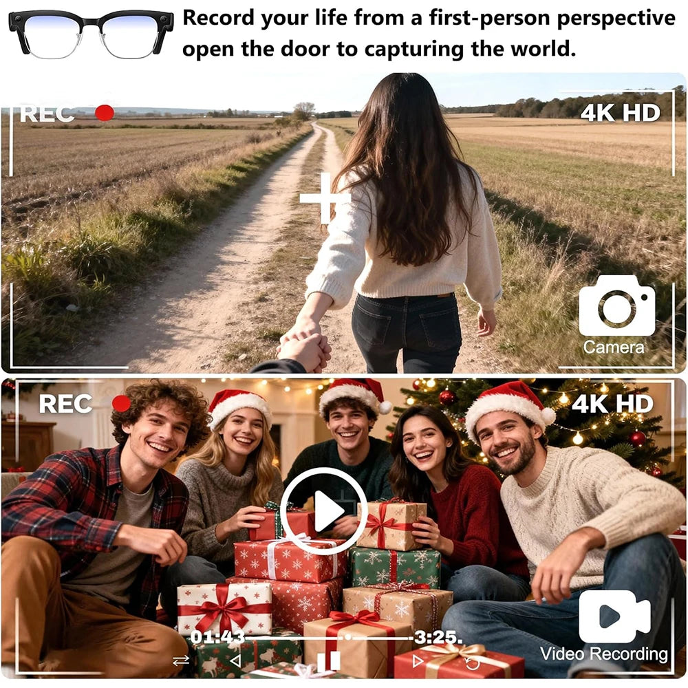 2026 New Smart Glasses 800W Ultra-Wide HD 4K Camera Video Recording 4GB AI Photo Recognition Bluetooth Call Translation Voice