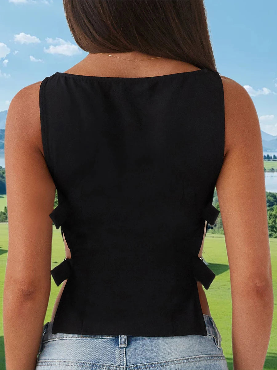 Women s Sleeveless Boat Neck Tank Tops with Side Buckle Detail - Solid Color  Fit Vest for Summer Style