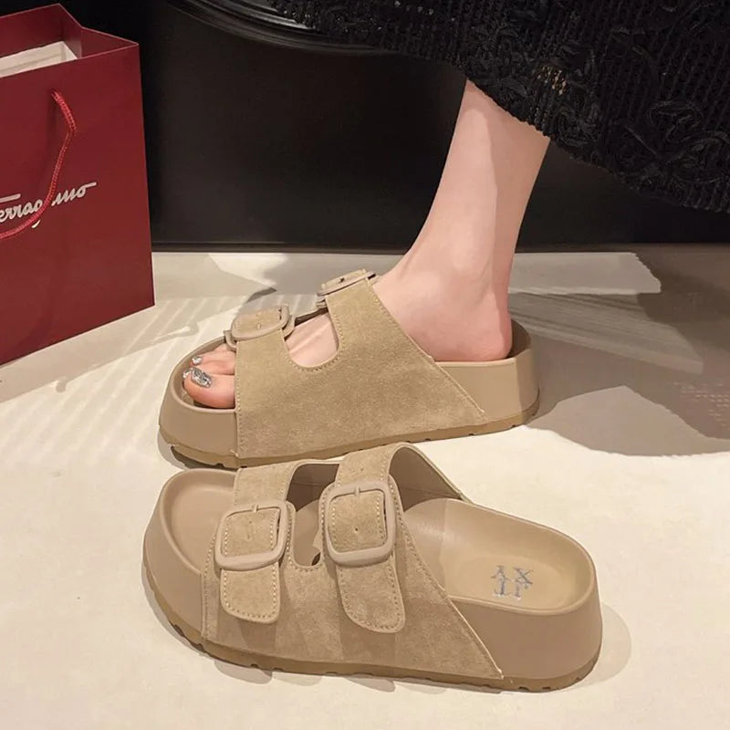 Smile Women Slippers Retro Trend With Buckle Slippers Summer Casual Women Shoes Comfortable Beach Slippers Round-headed Slippers