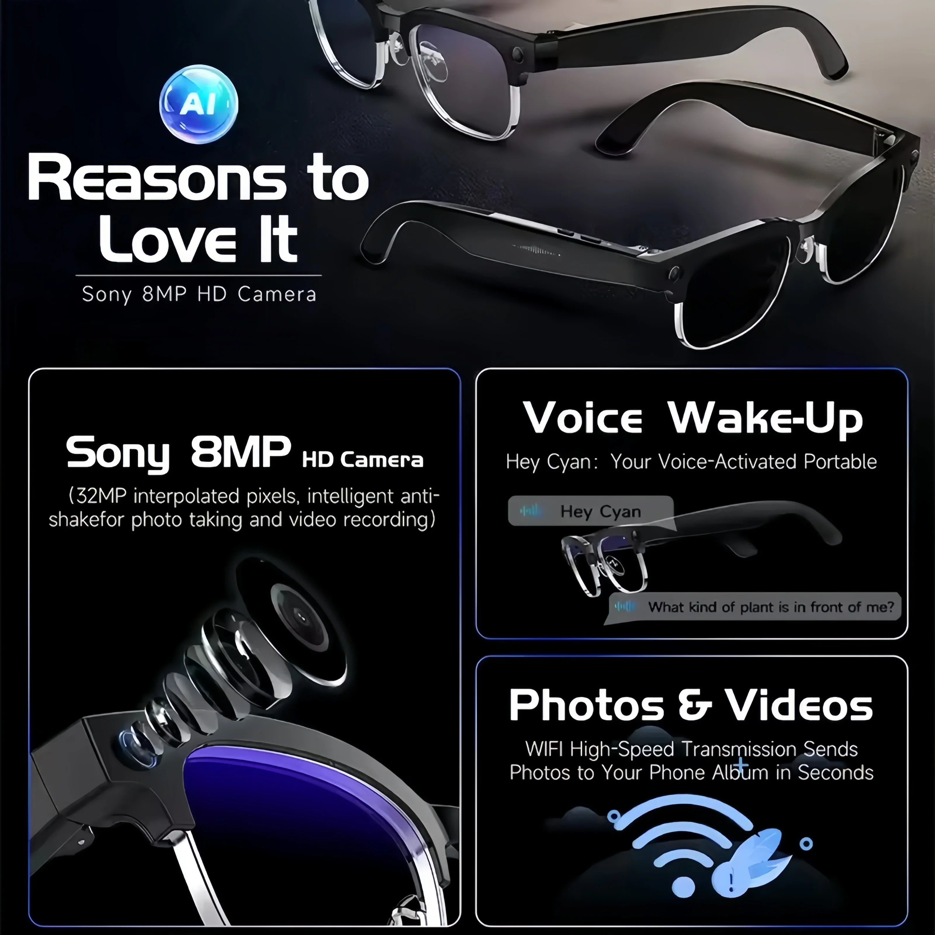 2026 New AI Smart Glasses 800W Ultra-Wide HD 4K Camera Video Recording 4GB AI Photo Recognition Bluetooth Call Translation Voice