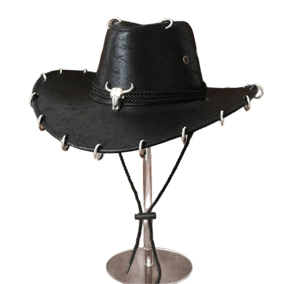 HongLuan Black Cowboy Adjustable Hat PU Leather for Man Travel Western Fashion Cowgirl with Bullhead Badge Outdoor Hats Woman