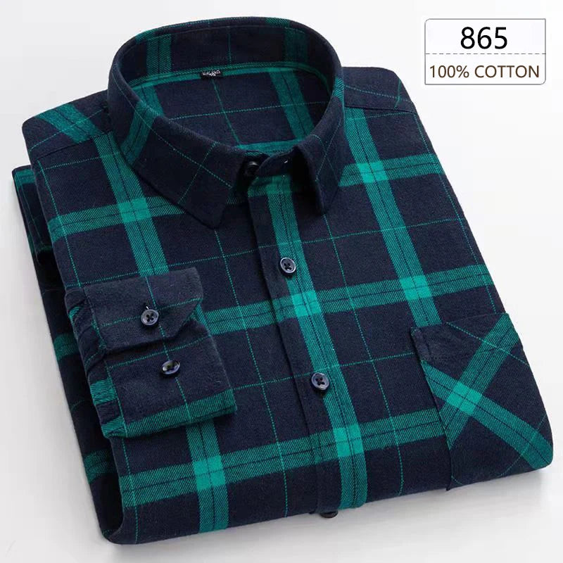 New Spring Long Sleeve Plaid Shirts For Men 100% Cotton Flannel Plus Size Easy care Confortable Top Casual Smart Dress Shirts