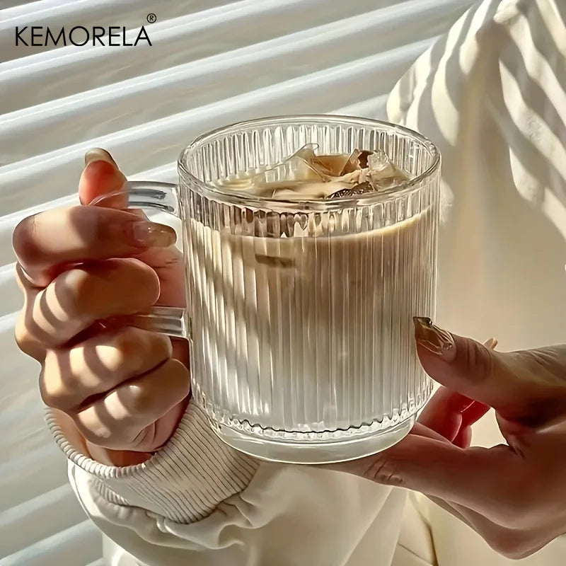 KEMORELA 1/2PCS Vertical Grain Glass Coffee Cup 350ML Water Cup With Handle Suitable Iced Coffee Juice Cup Valentine's Day Gifts
