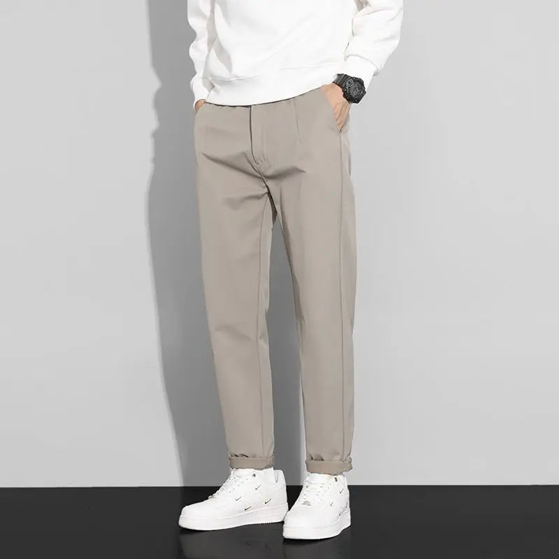 Men's Khaki Casual Trousers Slim Fit Tapered Leg Business Daily Pants