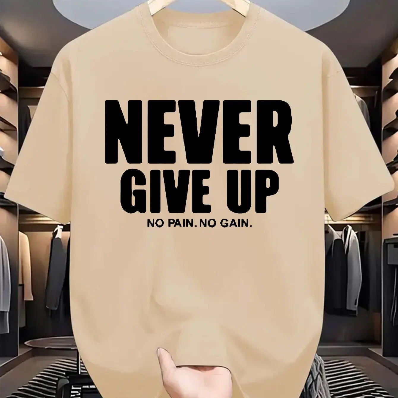 Men's 100% pure cotton fashionable casual loose sports never give up letter pattern printed round neck short sleeved T-shirt top