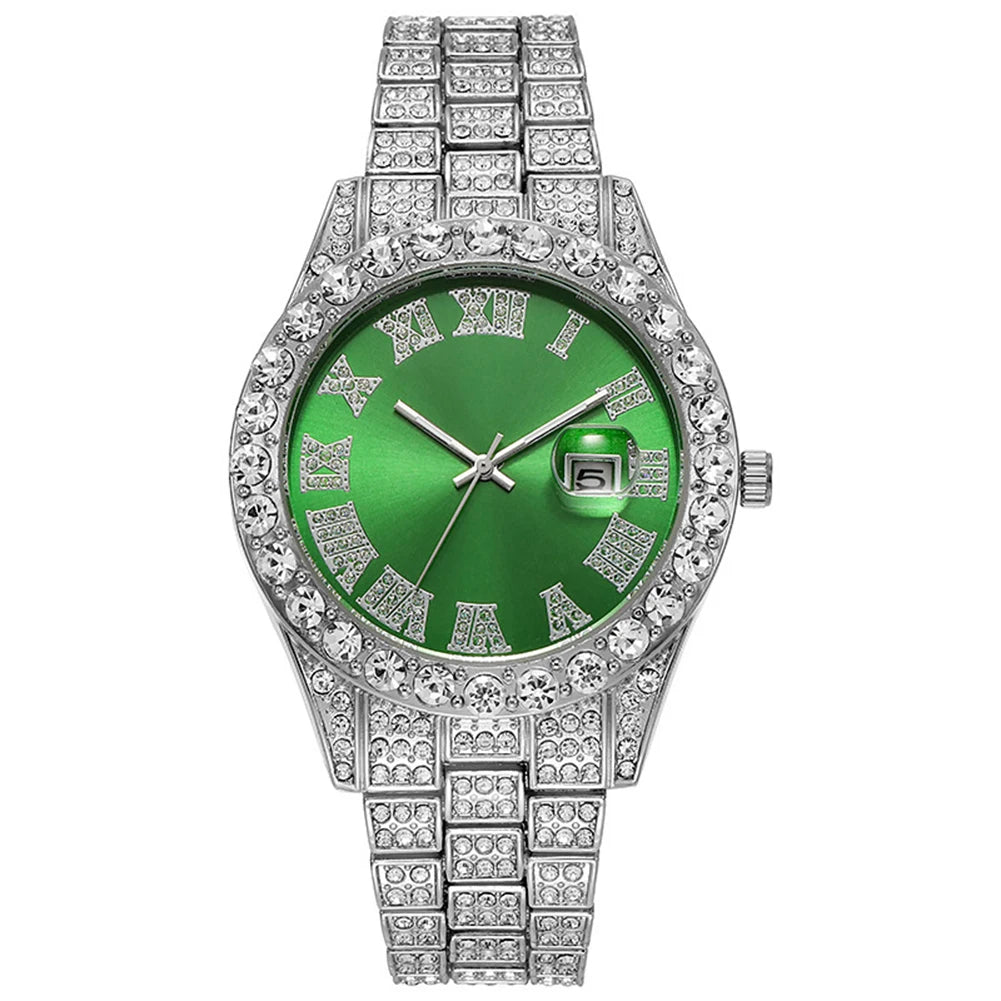 Hip Hop Luxury Men Calendar Watch Stainless Steel Gold Color Iced Out Paved Rhinestones Wristwatch Reloj Hombre