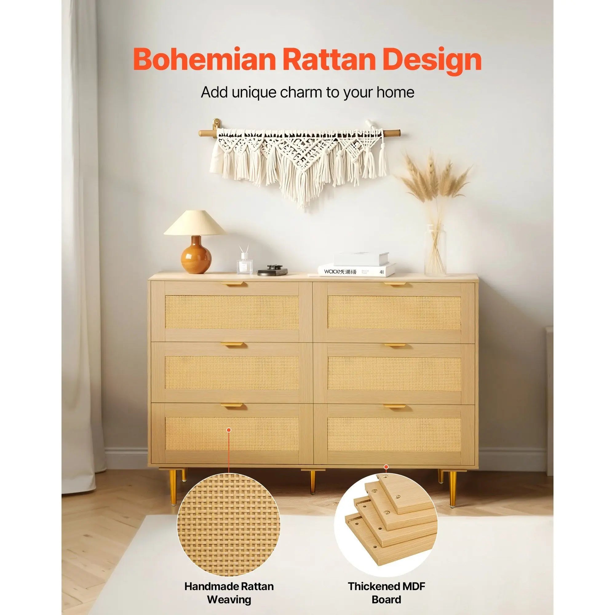 Modern 6-Drawer Rattan Dresser Metal Handles Legs Natural Wood Chest Clothing Organizer for Bedroom Living Room Hallway Model