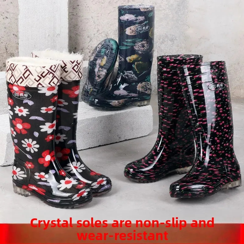 Anti-Slip High-Tube Crystal Flower Ladies Rain Boots PVC Material Kitchen Dining Hall Cleaning Fashionable Water Shoes
