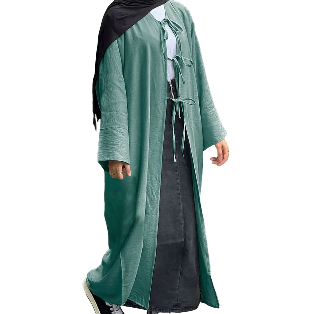 Elegant Women s Caftan Dress with Long Sleeves and V-Neckline Stylish Tie-Front Cardigan in Solid Color Loose-Fitting Arab