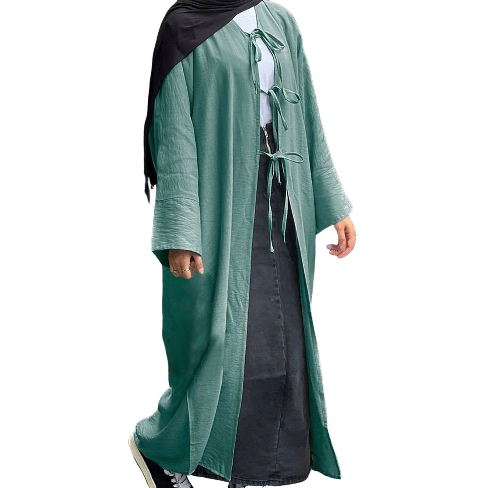 Elegant Women s Caftan Dress with Long Sleeves and V-Neckline Stylish Tie-Front Cardigan in Solid Color Loose-Fitting Arab