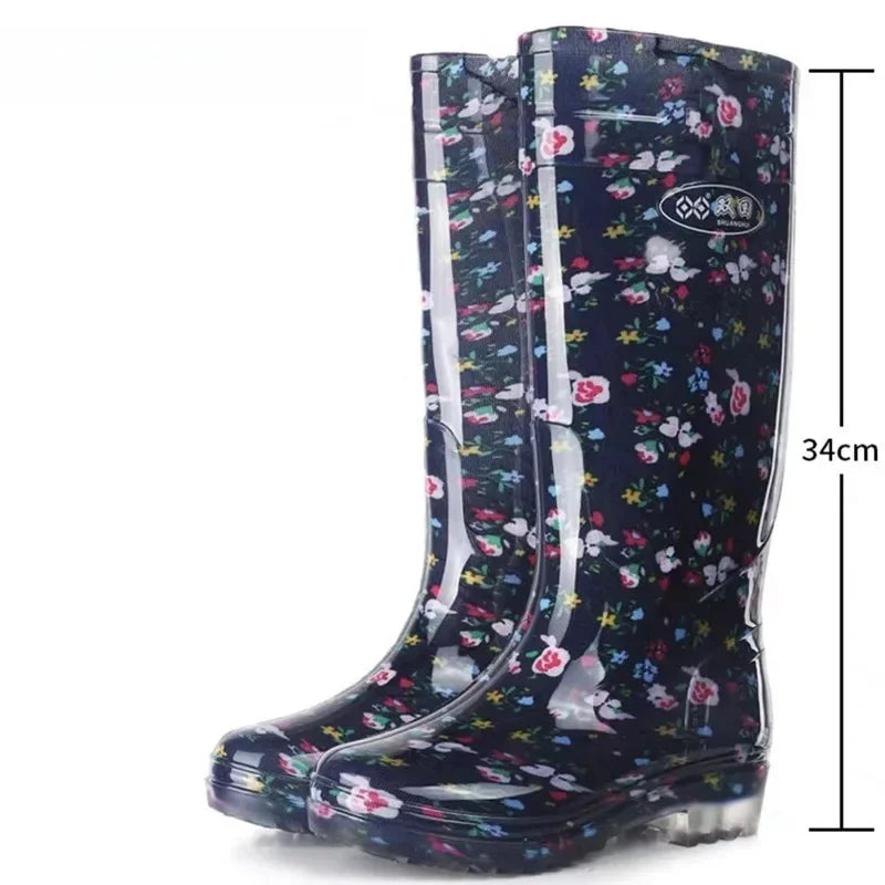Anti-Slip High-Tube Crystal Flower Ladies Rain Boots PVC Material Kitchen Dining Hall Cleaning Fashionable Water Shoes