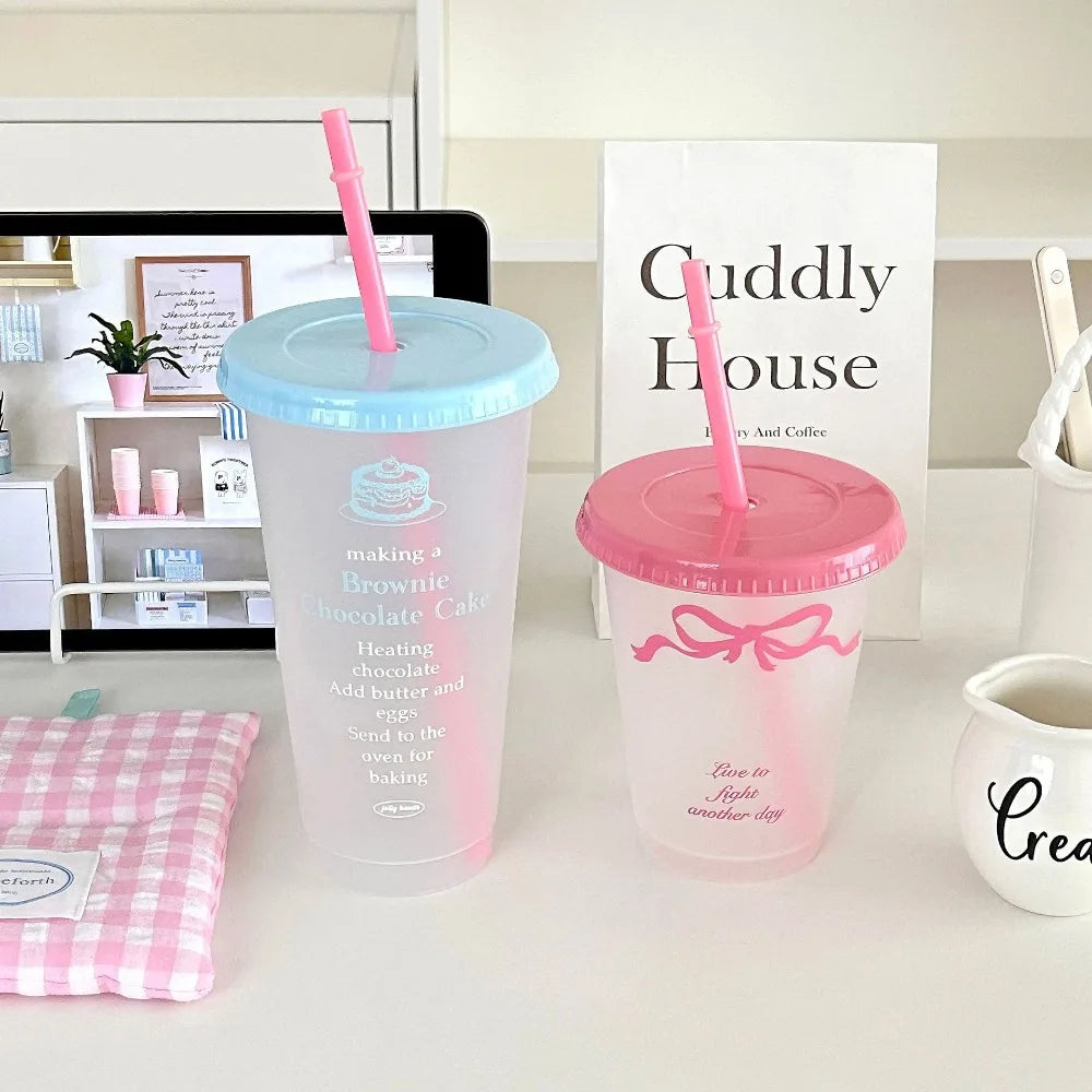 Kawaii 470/700ml Straw Cup with Lid Korean Water Bottle Plastic Reusable Drinking Bottles Coffee