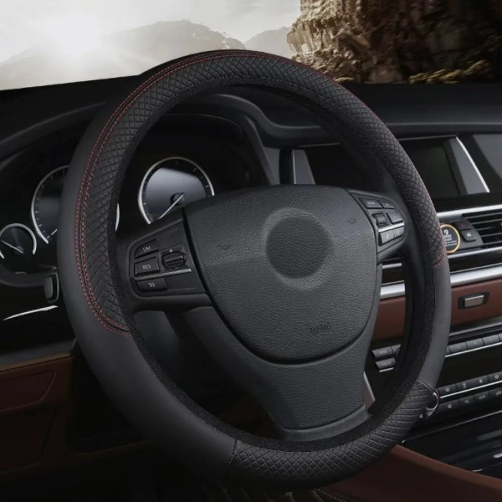 38cm Steering Wheel Cover PU Leather Anti Slip Steer Wheel Protector Fiber Braid Breathable Steering Cover