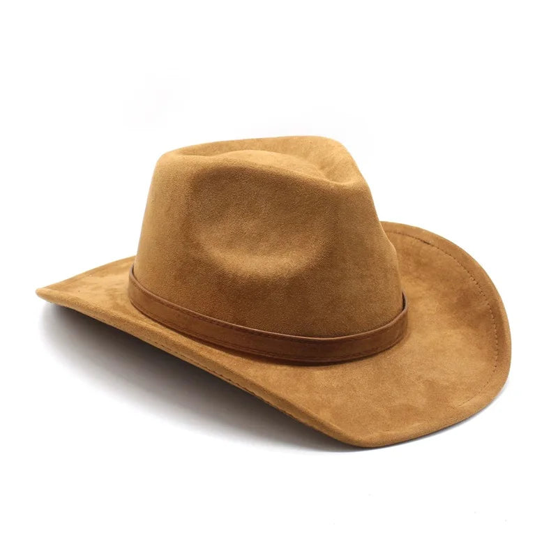 Women Men Felt Cowgirl Cowboy Hat Unisex Vintage Retro Soft Wide Brim Chamois Western Hat with Belt for Party