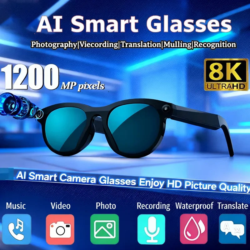 AI Smart Glasses 8K HD Camera 1200W Pixels SunGlasses Multifunctional Bluetooth Call Voice Assistant Music Translation Glasses