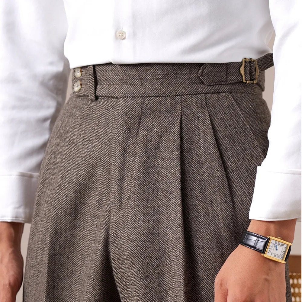 Autumn Herringbone Dress Pants For Men Naples Men's Wool Blend High Waist Social Casual Versatile Long Pants Office Trousers Men