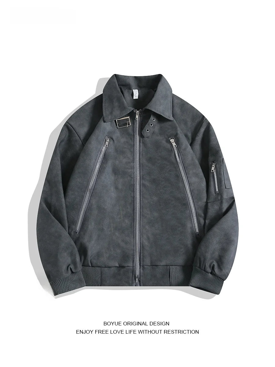 Boyue American Retro adient Leather Jaet Zipper Design Biker Jaet Cool Men's Jaet Loose Fit Long Sve Pure Color