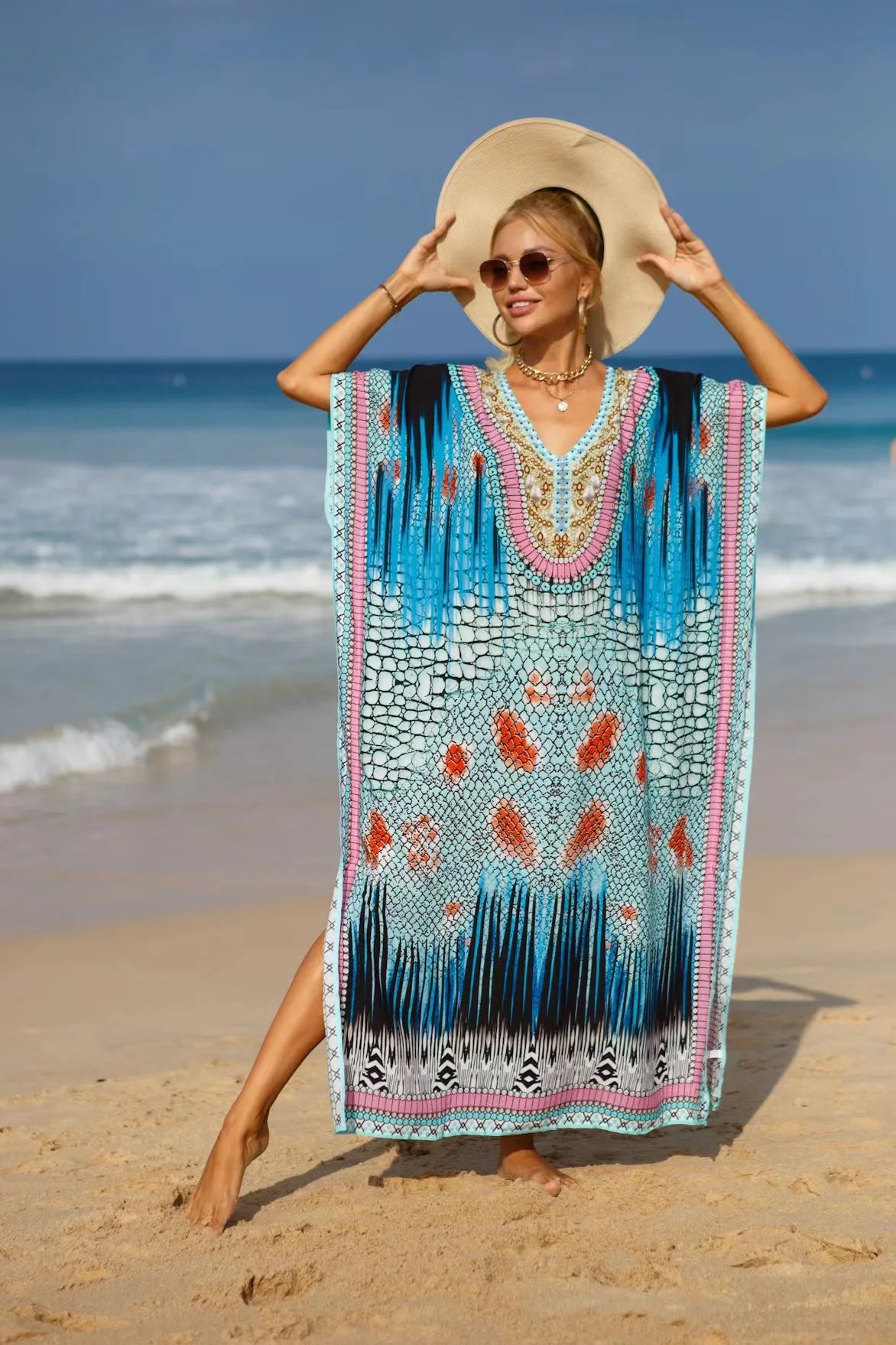Kaftan Dresses Tropical Printed Cover Ups for Swimwear Women Elegant Maxi Robe Holiday Bathing Suits Dropshipping Hot Sales