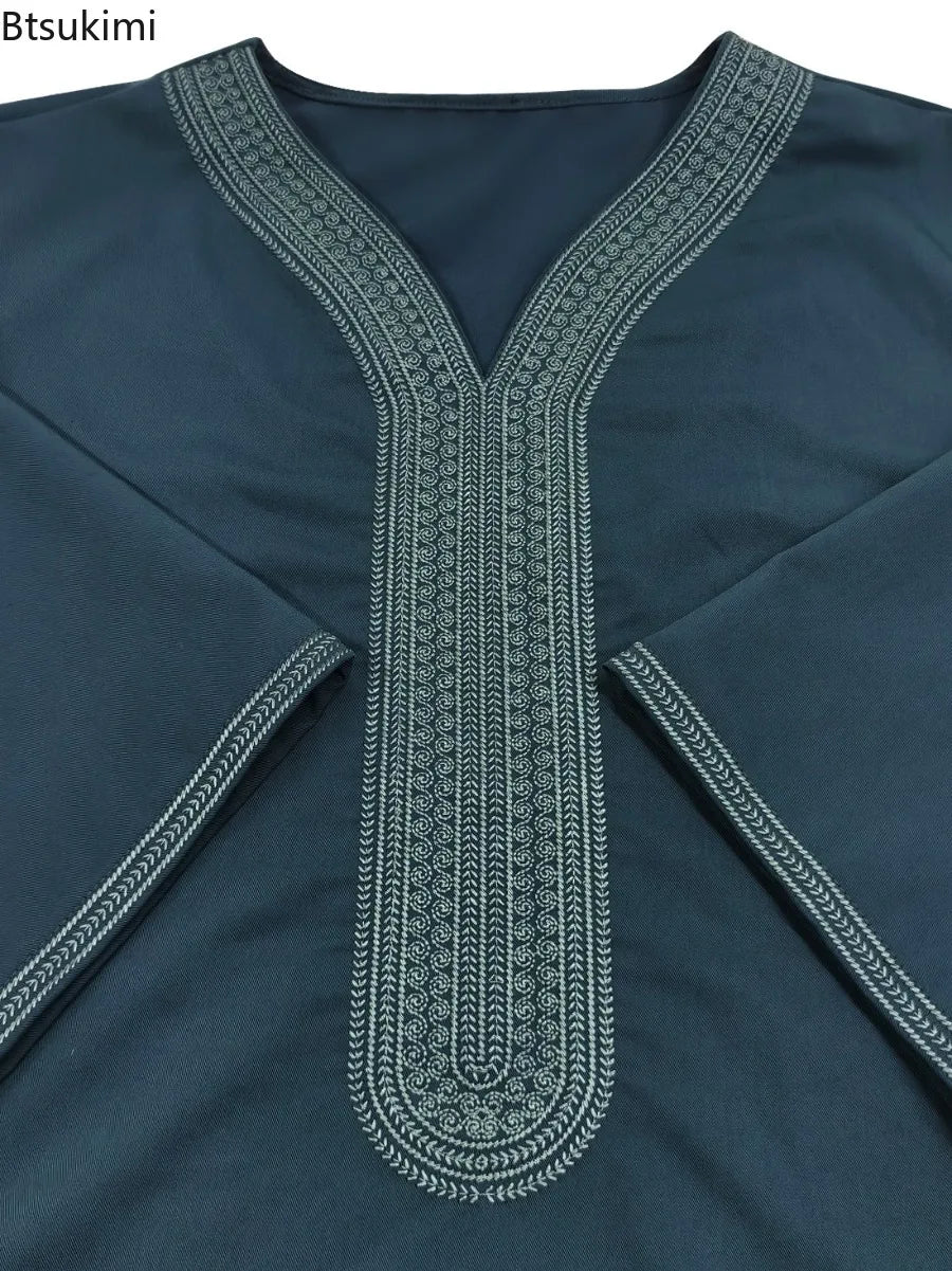 2026 Summer Kaftan Men's Muslim Fashion Abayas Short Sleeve Embroidered Loose Casual Robe Breathable Ethnic Style Moroccan Thobe